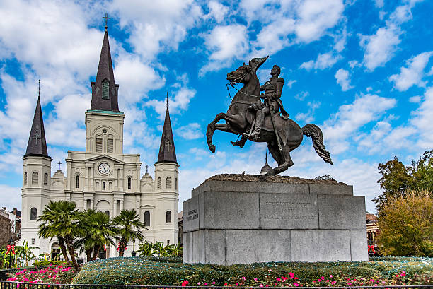 Statue set against the backdrop of a beautiful cathedral.